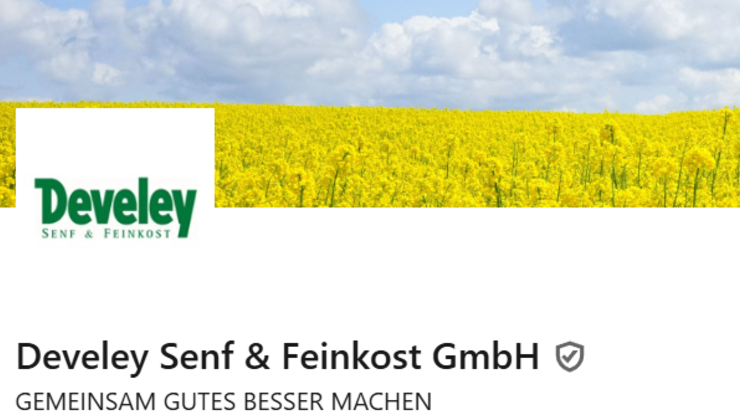 LinkedIn-Profil von Develey Senf & Feinkost GmbH mit Logo und Slogan „Gemeinsam Gutes besser machen“