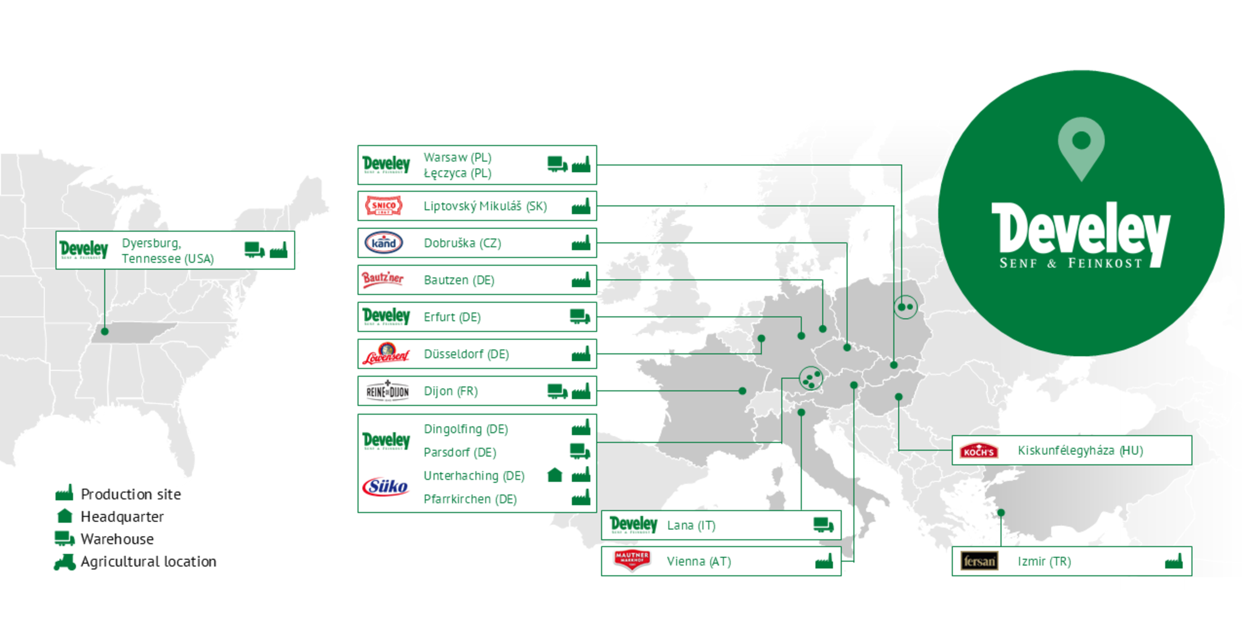 Weltkarte mit allen Standorten der Develey Senf & Feinkost GmbH – Produktionsstätten, Logistikzentren, Hauptsitz und landwirtschaftliche Anbaugebiete