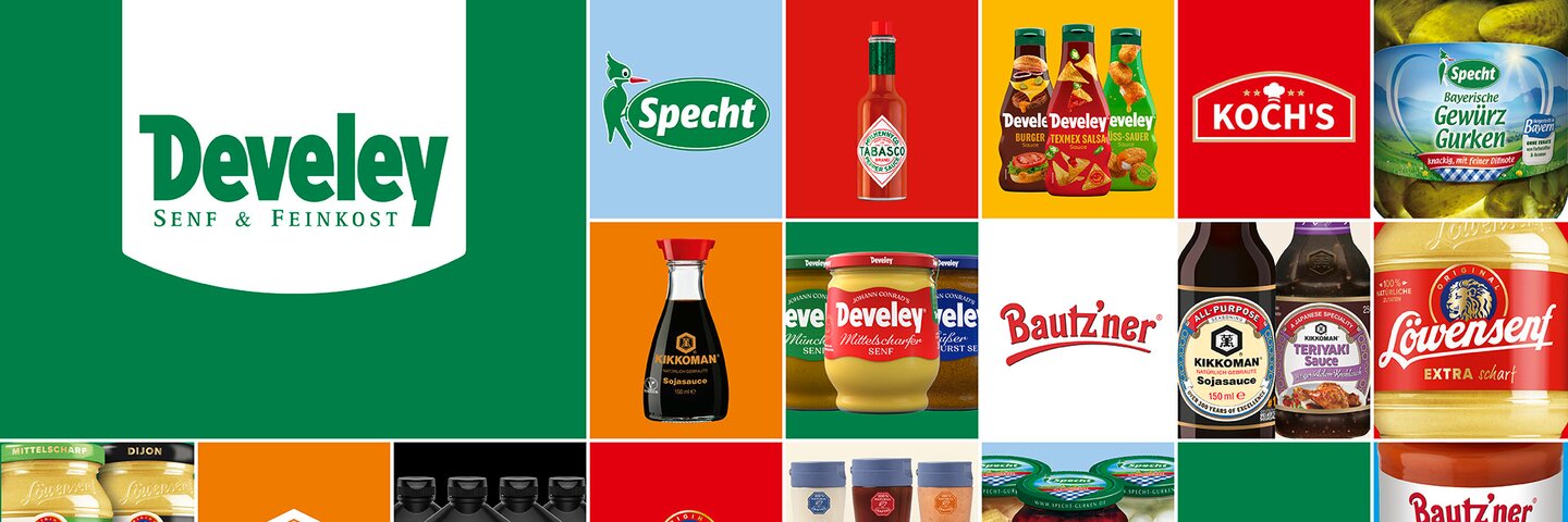Markenübersicht der Develey Senf & Feinkost GmbH mit Produkten von Develey, Löwensenf, Bautz’ner, KOCH’s, Specht, BBQUE, Tabasco, Kikkoman und weiteren Feinkostmarken