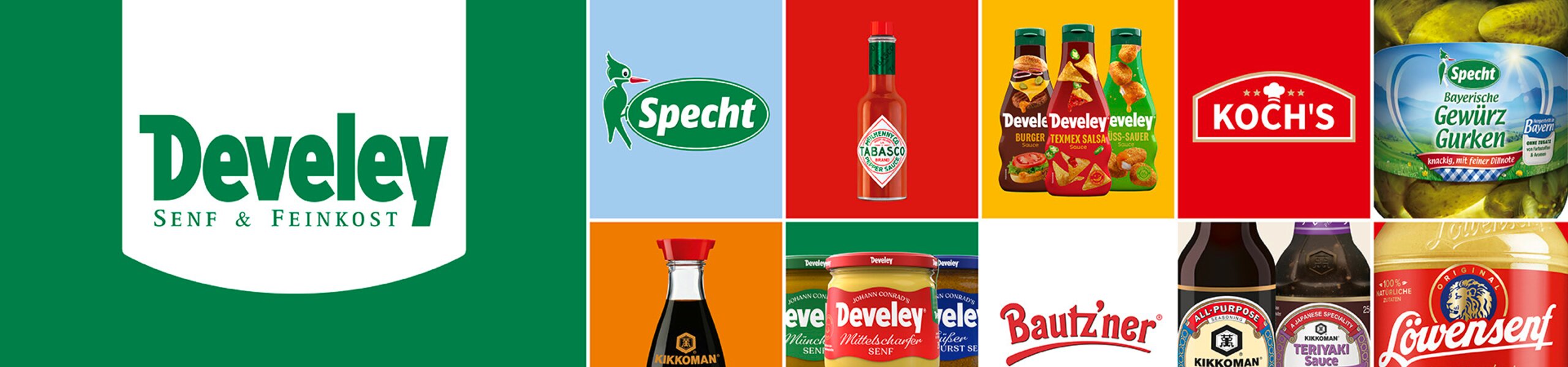Markenübersicht der Develey Senf & Feinkost GmbH mit Produkten von Develey, Löwensenf, Bautz’ner, KOCH’s, Specht, BBQUE, Tabasco, Kikkoman und weiteren Feinkostmarken