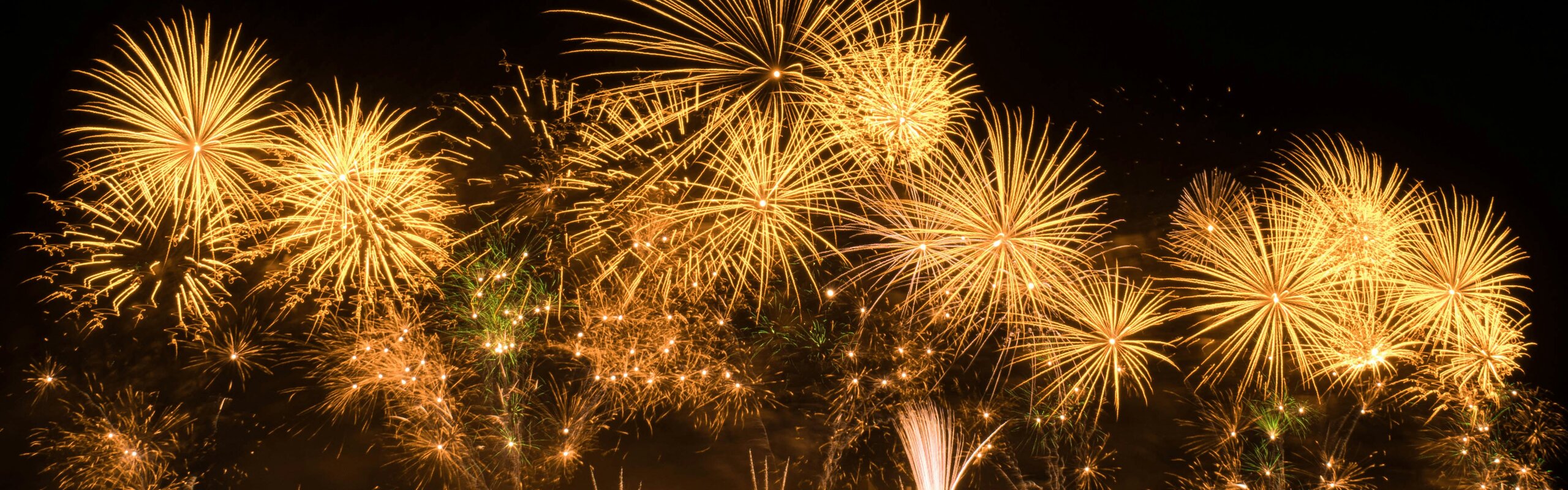 Goldenes Feuerwerk vor schwarzem Nachthimmel – festliche Bildsprache für Auszeichnungen und Erfolge