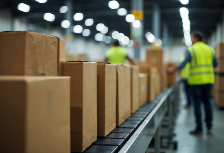 Pappkartons auf einem Förderband in der Logistik – Symbolbild für Verpackungsreduktion und nachhaltige Lieferkette bei Develey